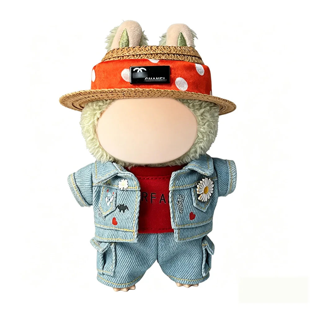 Labubu Clothes 15 17cm Doll DIY Clothing Accessories Fashion Ably luxurious style with Straw Hat Leather Jacket Denim Outfit