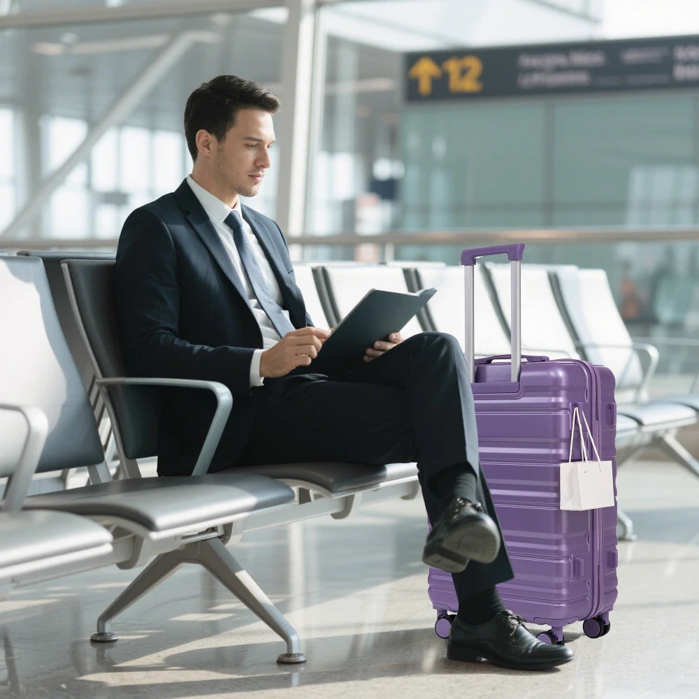 Purple 3 Piece ABS Luggage Set 20/24/28 Inch Spinner Wheels Carry on Suitcase Matching Color Combination Lock