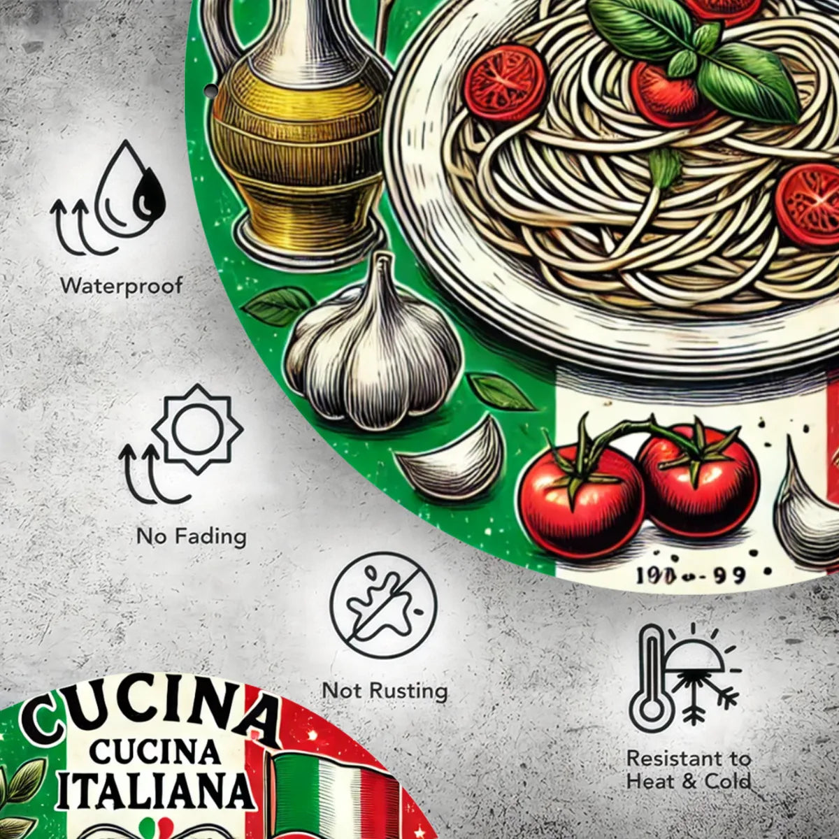 1pc Italian Cuisine Round Metal Sign - Rustic Aluminum Wall Art with HD Print, Waterproof & Rust-Resistant, Vintage Spaghetti &