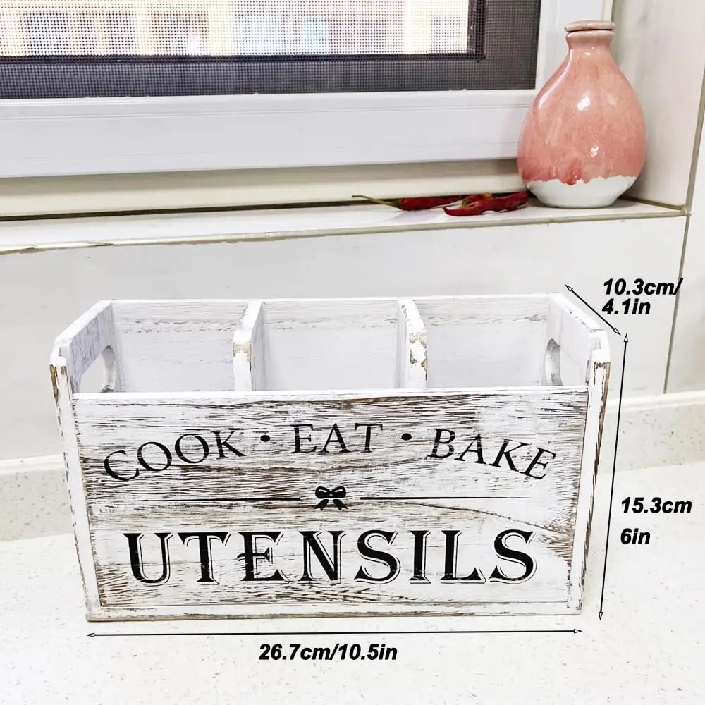 Kitchen Utensil Rack with Three Compartments Rustic Wooden Storage Box Vintage Tableware Farmhouse Dish Cabinet Forks Spoo