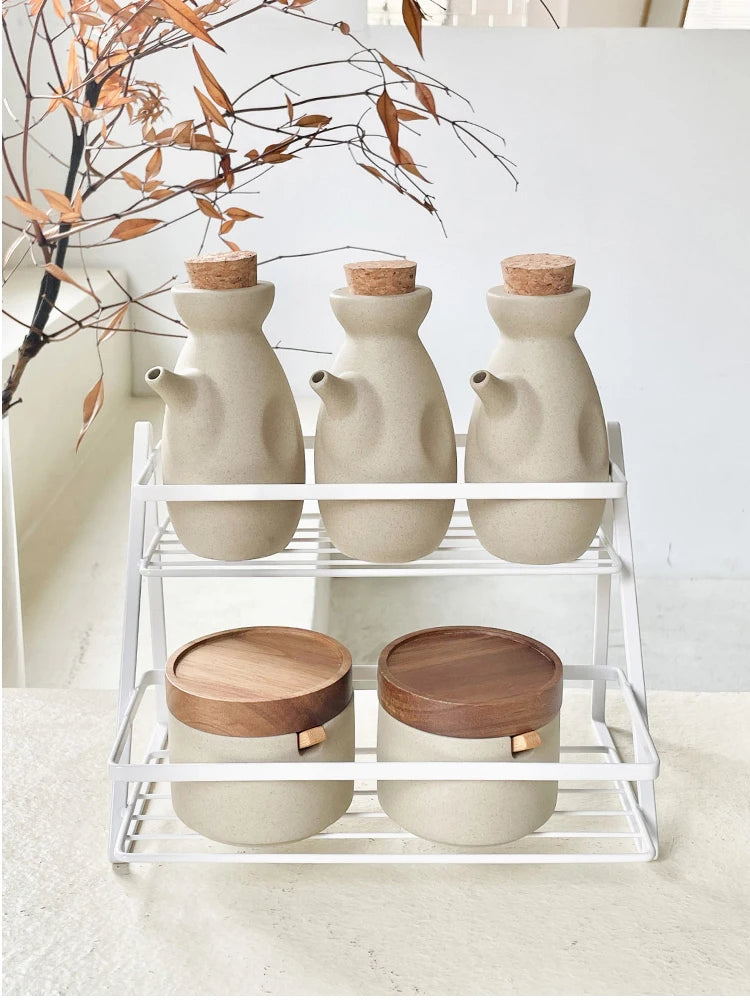 Vintage Ceramic Seasoning Jar Japanese Style Home Kitchen Salt Chili Sugar Jar Oil Pot Wooden Lid Spice Kitchen Utensils Modern