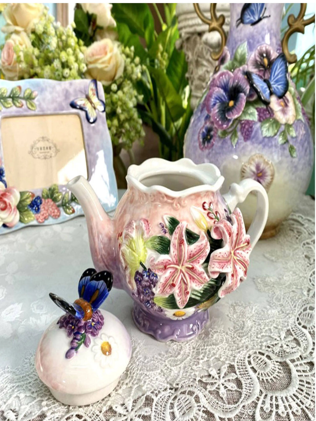 European Style Ceramic Coffee Pot, Hand-painted Butterfly Orchid Teapot, Tea Cup Set, Exquisite Creative Gift, Cafe Accessories