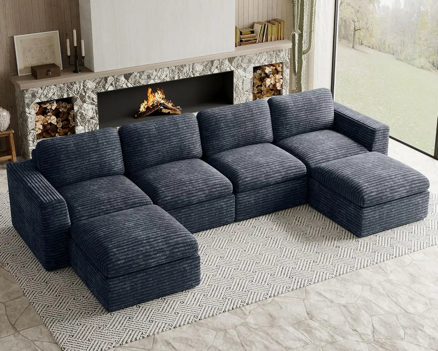 Plush Corduroy U Shaped Modular Sectional Sofa Deep Seat Living Room Black Customized