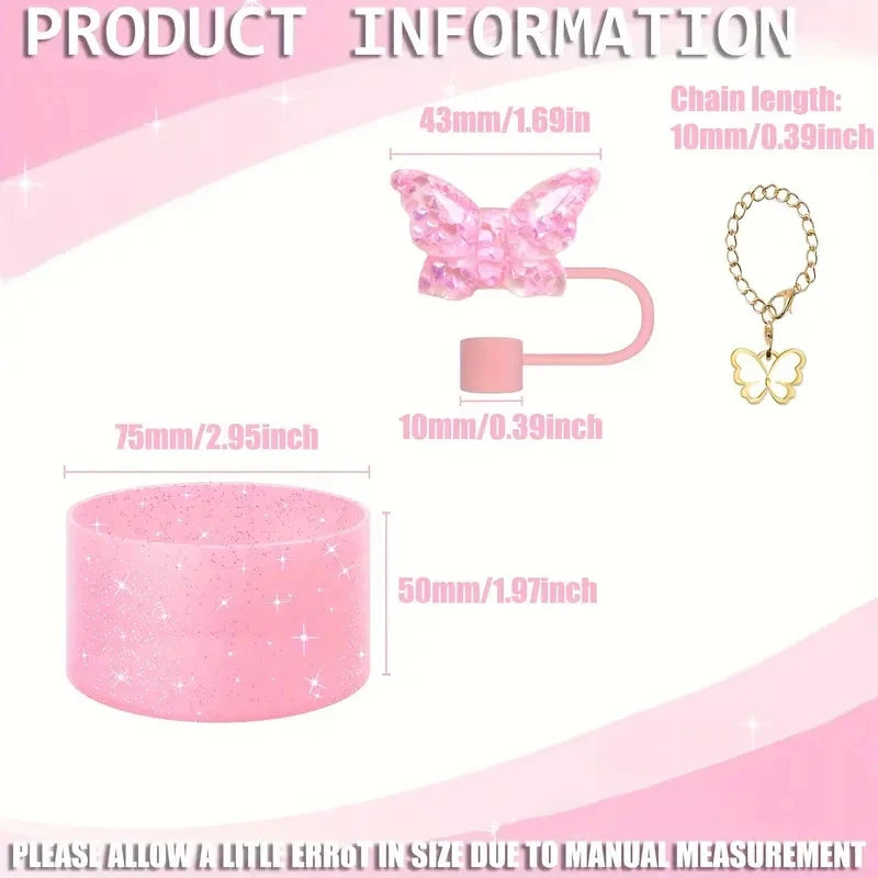 3pcs Cup Accessories Set - Silicone Butterfly Chain, Silicone Boot, and 10mm Straw Covers for Stanley Tumblers 30oz and 40oz