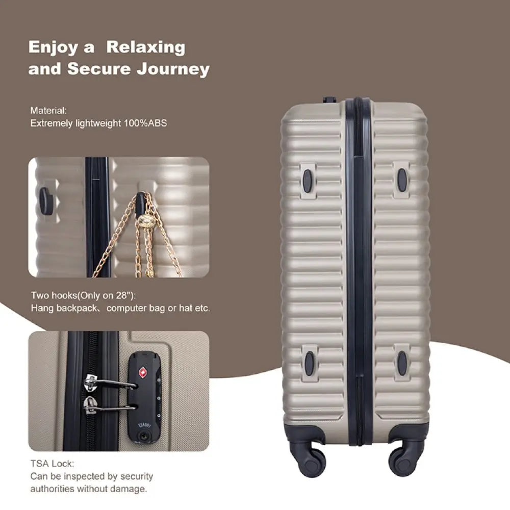 3 Piece Luggage Sets ABS Lightweight Suitcase with Two Hooks, Spinner Wheels, TSA Lock, (20/24/28) GOLD Large capacity suitcase