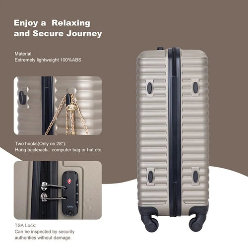 3 Piece Luggage Sets ABS Lightweight Suitcase with Two Hooks, Spinner Wheels, TSA Lock, (20/24/28) GOLD Large capacity suitcase