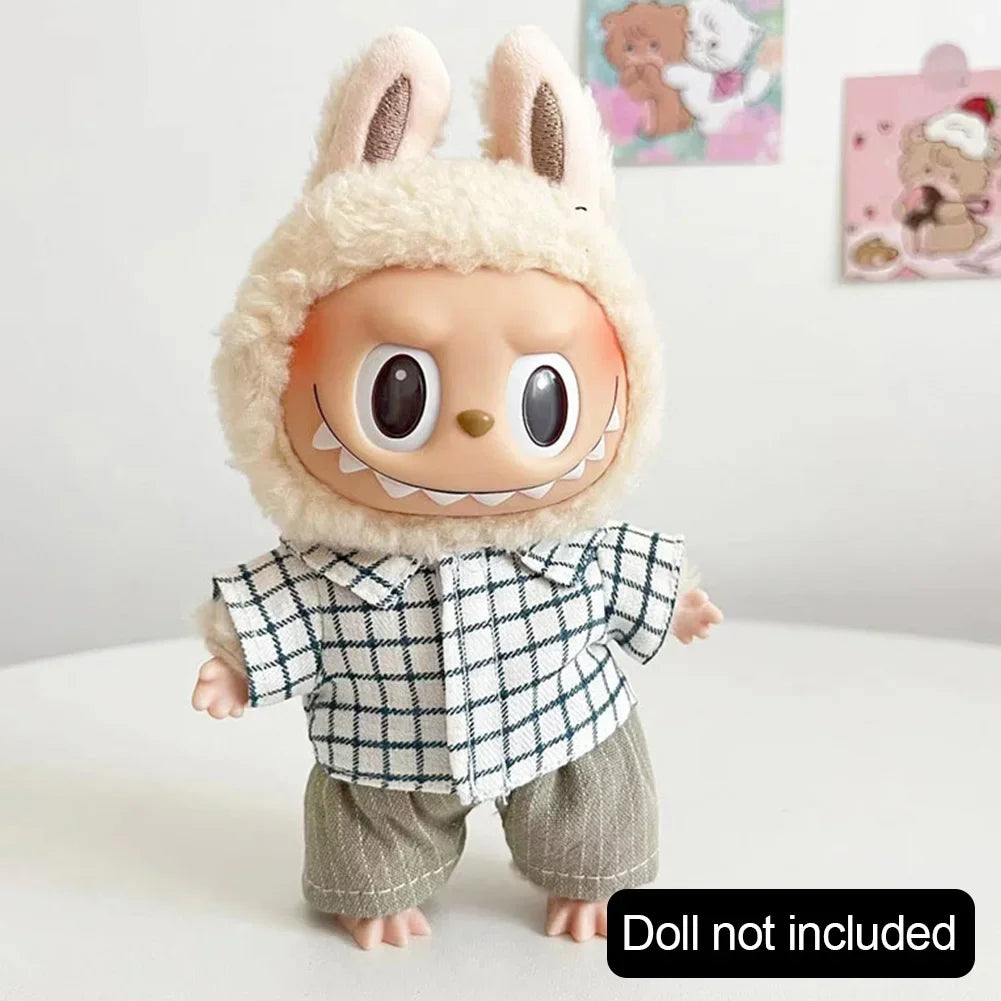 For 17cm Labubu Doll Little Bailey Hat Checkered Overalls Set Labubu Outfit Accessories Labubu Ropa