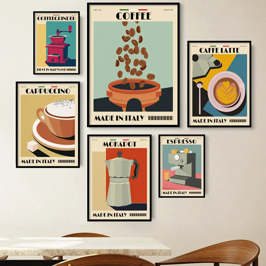 Italian Espresso Coffee Pot Beans Wall Art Wall Art Canvas Painting Poster Suitable for Decoration in Living Rooms Bedrooms