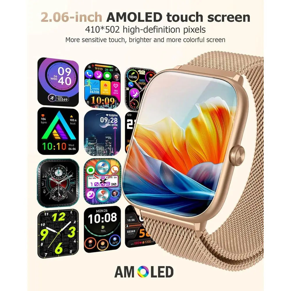 Smart Watch or Women with Blood Prure Monitor, 2.06" AMOLED Display, IP68 Waterproo itn, 118 Sports es, Heart Rate/SpO2/Sleep Mo