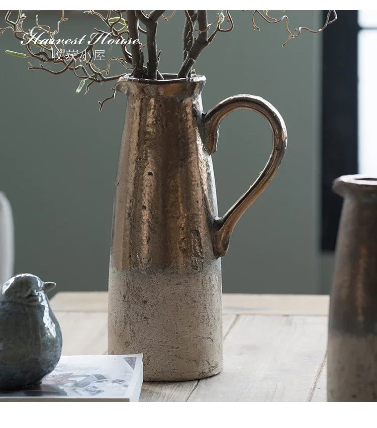 Vintage Distressed Coarse Pottery Vase Handmade Flower Arrangement Ornament for Living Room Bedroom - Unique Flower Vessel