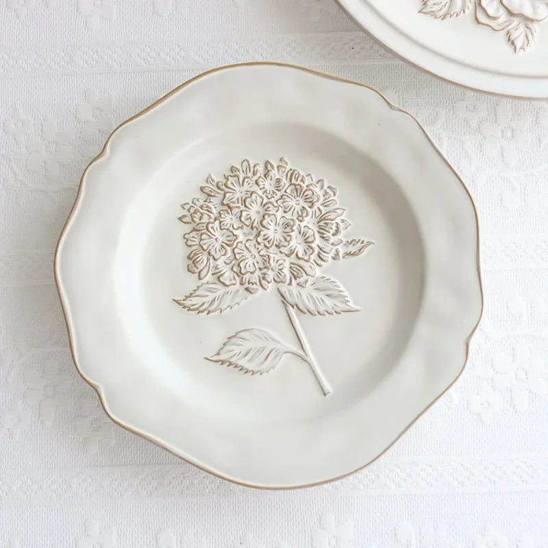 Ceramic Plates Vintage Style Dinner Plate Tulip Relief Ceramic Plates Steak Pasta Dishes Tableware Household Use Tableware Home