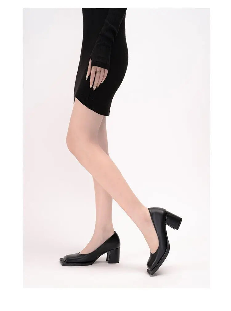 Retro Black Thick Heel Pumps Women Fashion Square Toe Shallow Designer Shoes Elegant Cozy Commuter Office Shoes Zapatos De Mujer