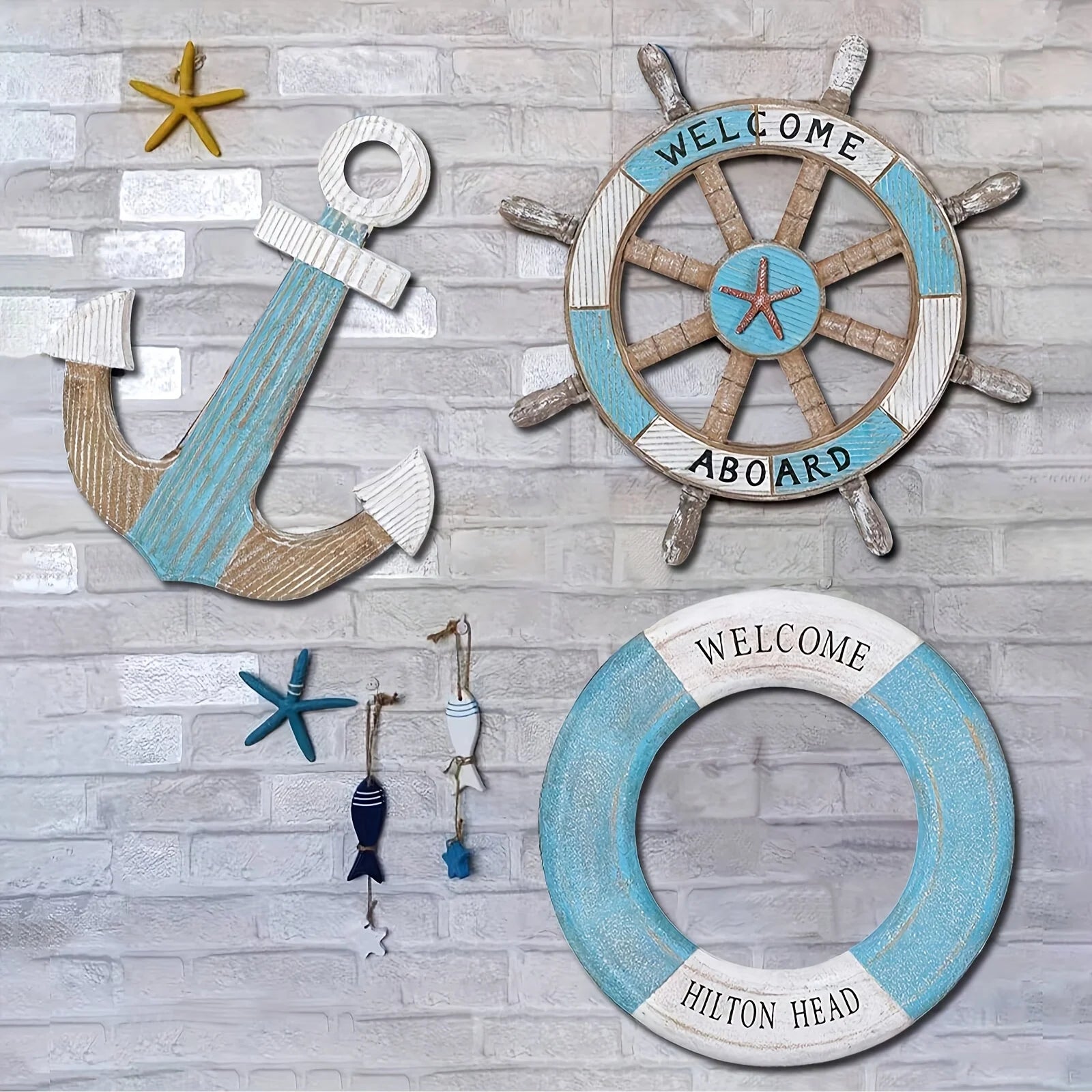 1 Set of Nautical-Themed Home Decor Wooden Anchors, Helms, and Lifebuoys Ocean-Themed Wall Hanging Decorations Indoor Nautical Decor Can Be Used for Wall Decoration at Outdoor Parties and Yard Gatherings