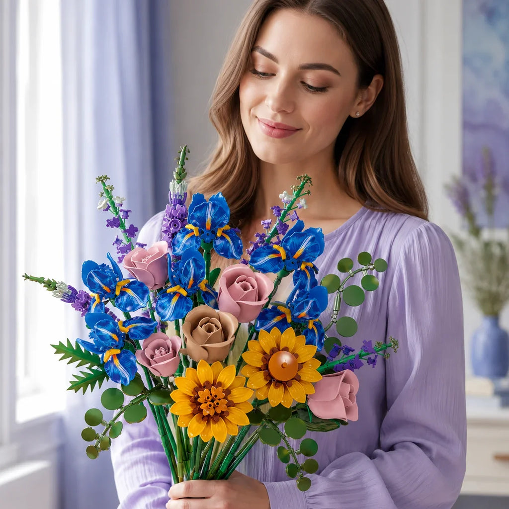 866pcs Botanical Flower Bouquet Set, Blue Iris Rose Plant Building Blocks, 3D Creative Desktop Decoration, Valentine Gift