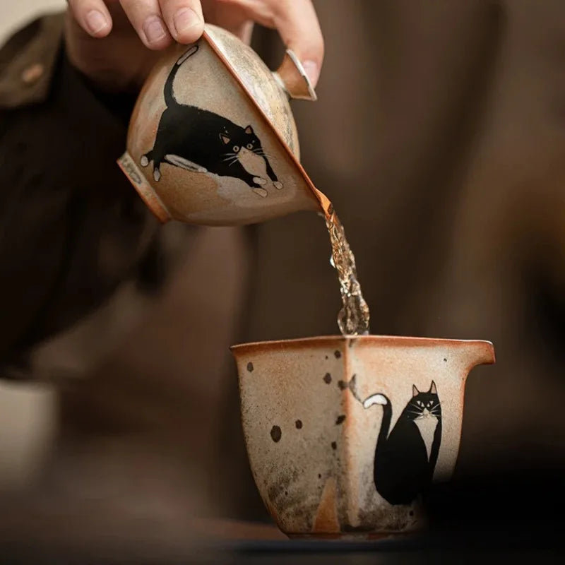 130ml Vintage Cute Zhi Ye Cat Porcelain Gaiwan Set For Tea Tureen Teaware Cup Chinese Hand-Paint Bowls Chawan Tea Ceremony Set