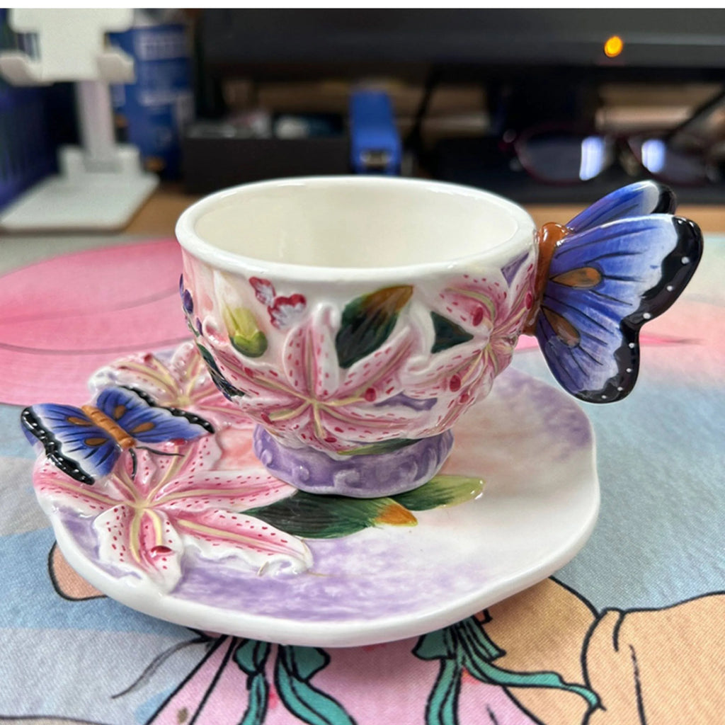 European Style Ceramic Coffee Pot, Hand-painted Butterfly Orchid Teapot, Tea Cup Set, Exquisite Creative Gift, Cafe Accessories