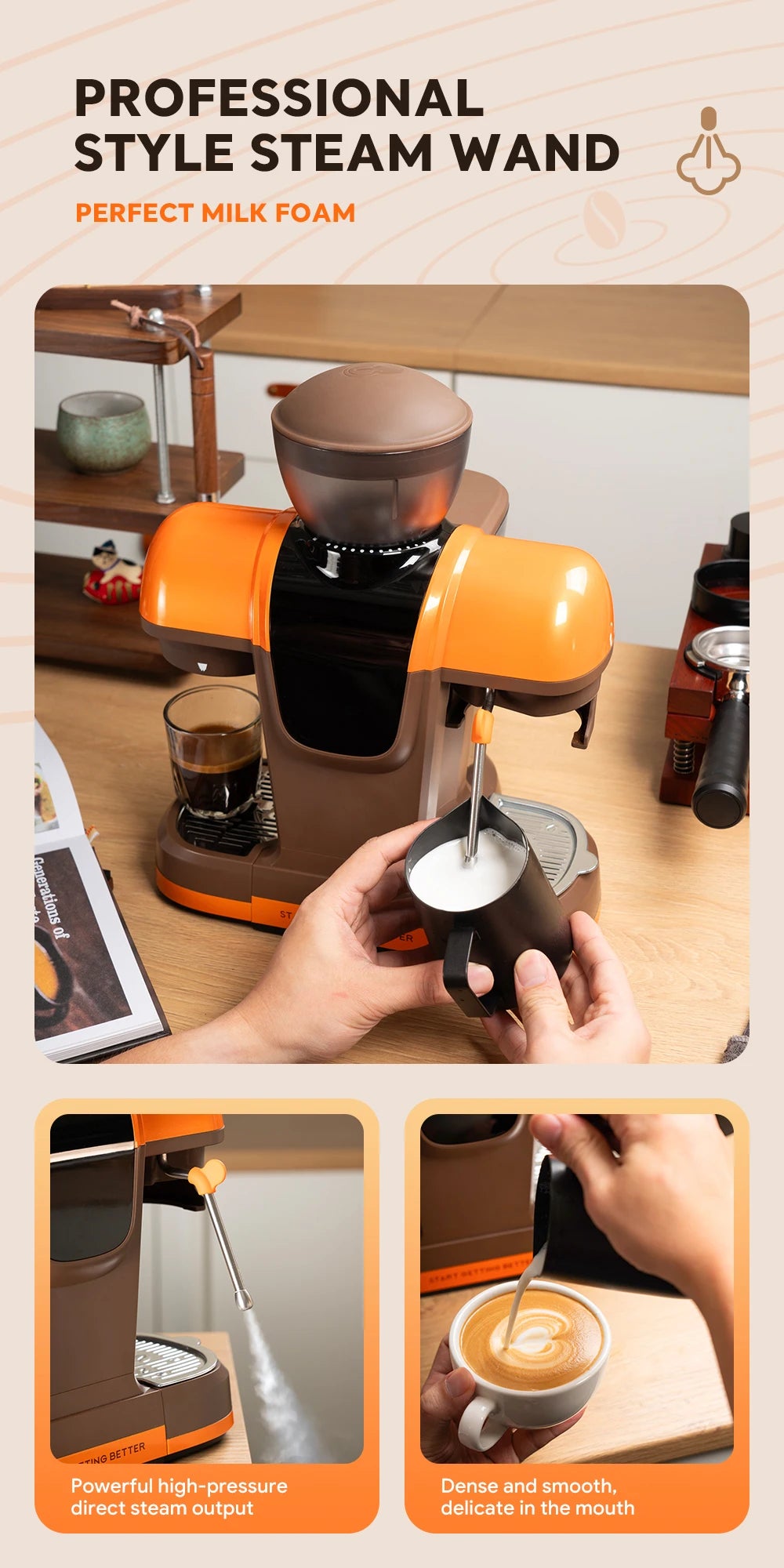 I Cafilas 19 Bar Semi Automatic Espresso Coffee Maker With Grinder Bean For Cappuccino and Latte Milk Frothing System Machine