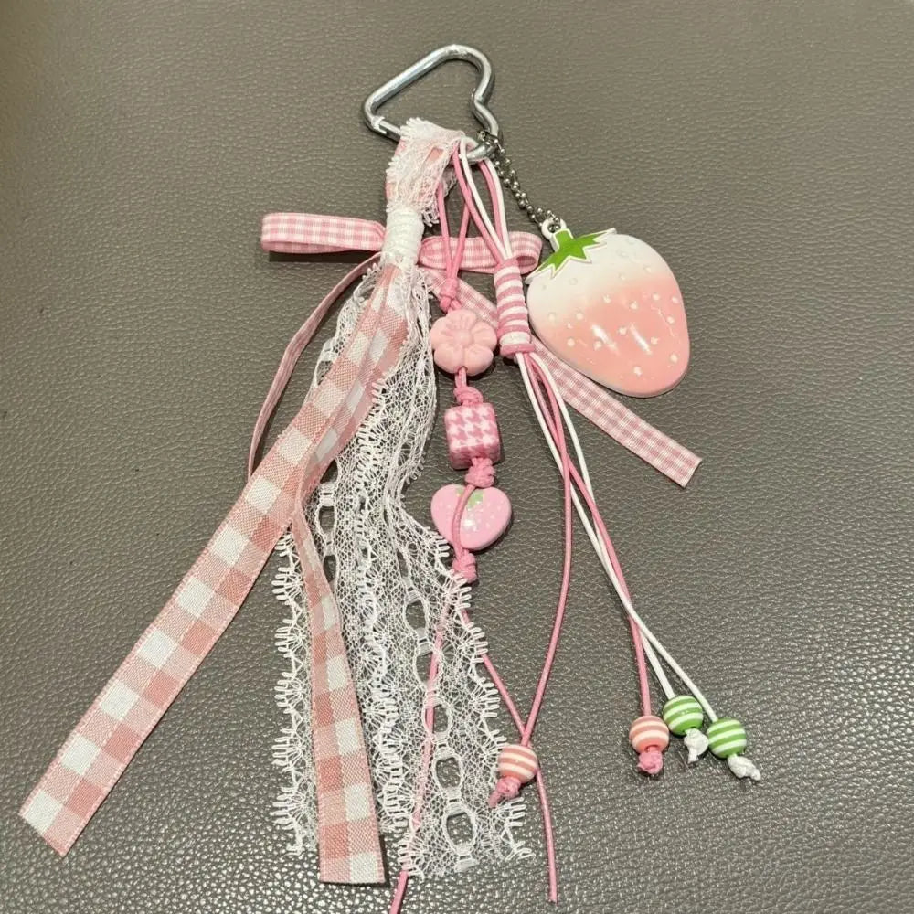 Bag Decoration Strawberry Bag Charms Girl Heart Trinket Riband Strawberry Keychain Anti-Lost Jewelry Girl Sweet Key Chain
