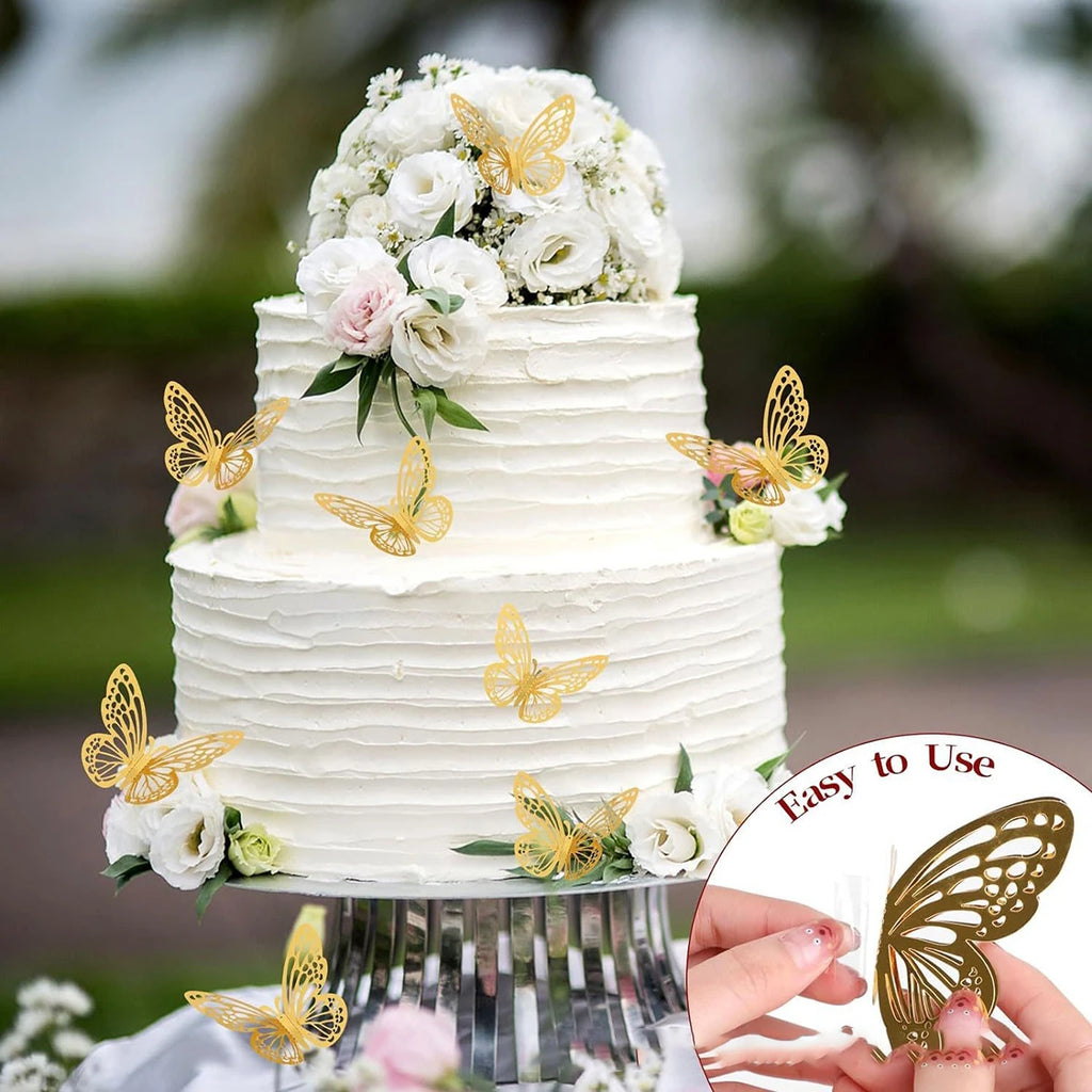 48pcs 3D Butterfly Wall Decor 4 Styles 3 Sizes, Gold Butterfly Decorations for Butterfly Birthday Party Cake Room Decorations