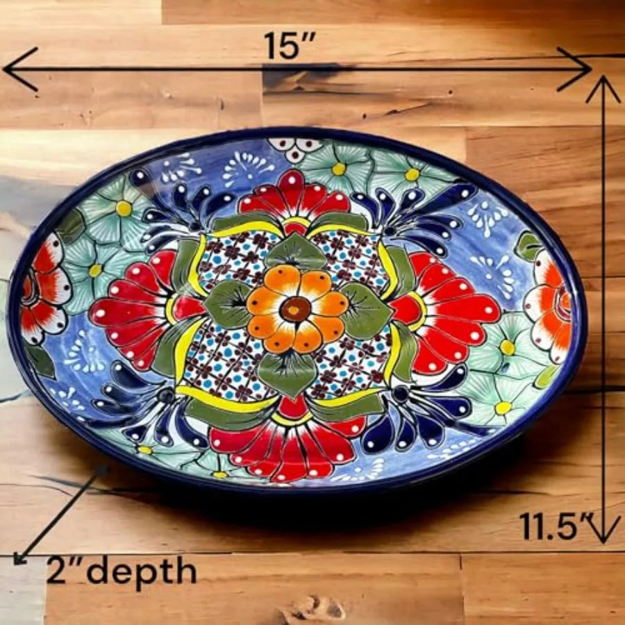 Large Oval Talavera Serving Platter - Vibrant Mexican Floral Pottery - 15x11.5" Ideal for Meats and Entertaining - Authentic Me