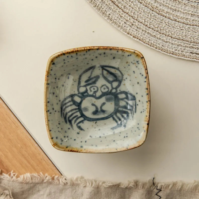 Vintage Ceramic Small Plate Japanese Creative Cartoon Seafood Sauce Dish Seasoning Plate Home Kitchen Tableware Wholesale