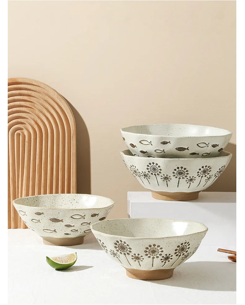 coarse pottery bowl, retro ceramic tableware, underglaze colored noodle bowl, lace soup bowl, household hat  commercial ramen