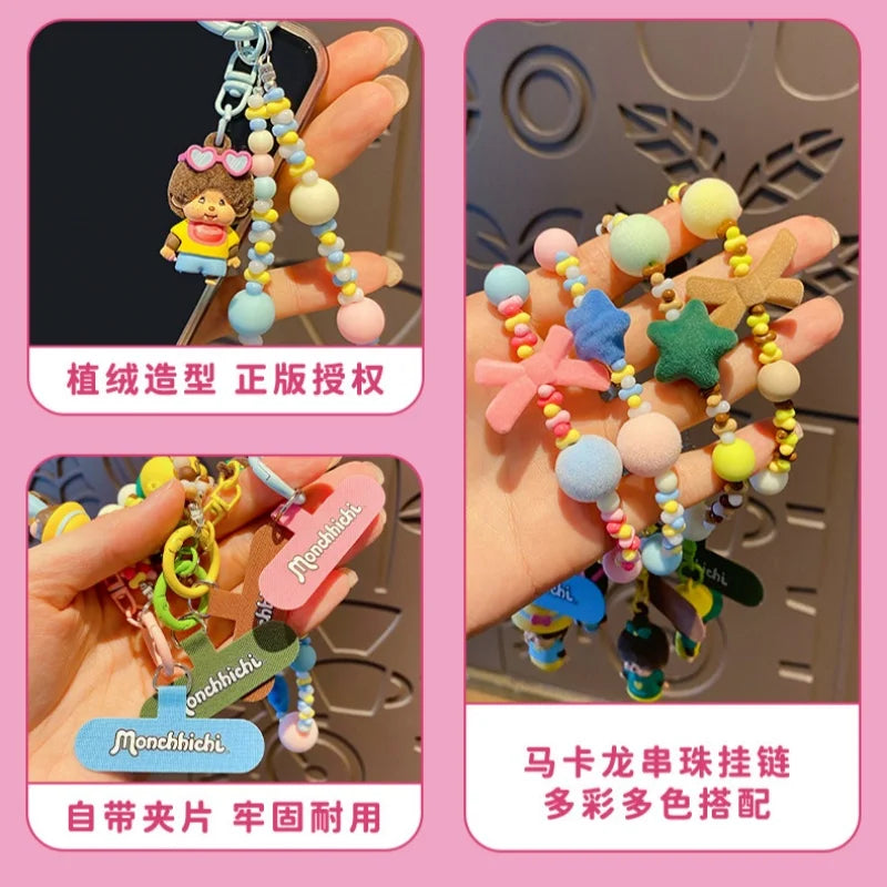 Genuine Monchhichi Flocked Beaded Keychain, Cute Cartoon Mini Monchhichi Figurine Charm, Women’s Bag  Phone Strap