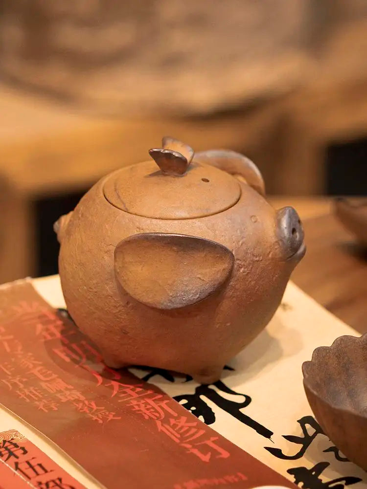 Old Rock Mud Rough Pottery Pig Shape Tea Pot Retro Teapot Tea Kettle Tea Ceremony Tea Making Single Pot Tea Ceremony