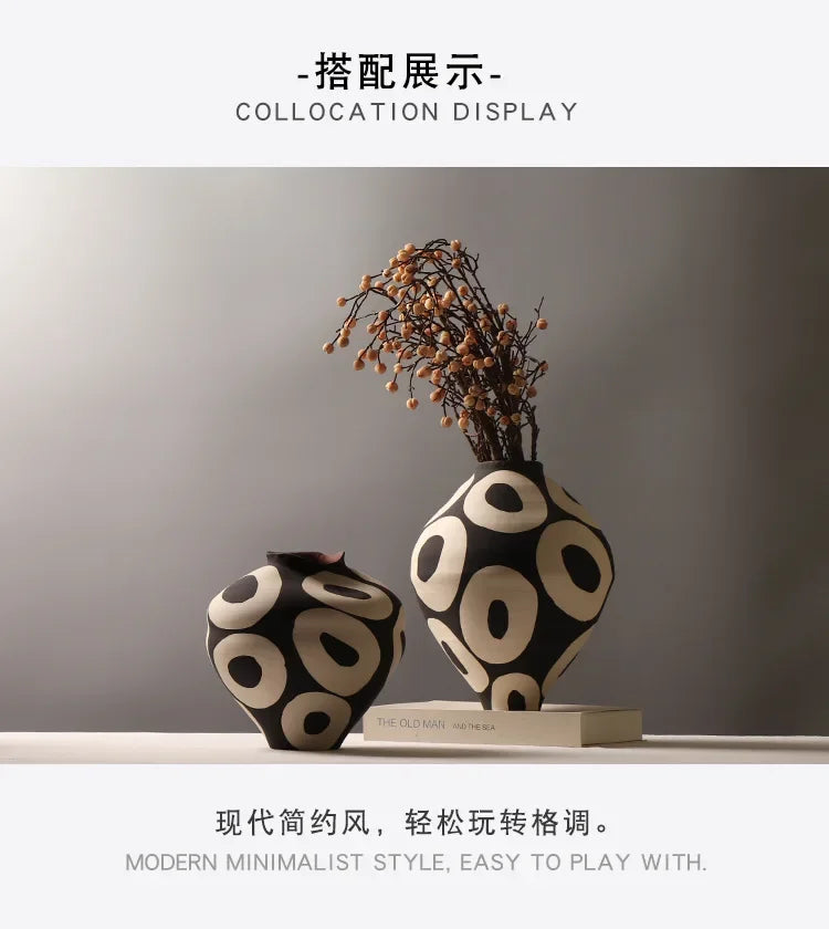 Ceramic Vase Hand-drawn Geometric Circles Flower Vase Flower Arrangement Accessories Porcelain Pot Home Decoration