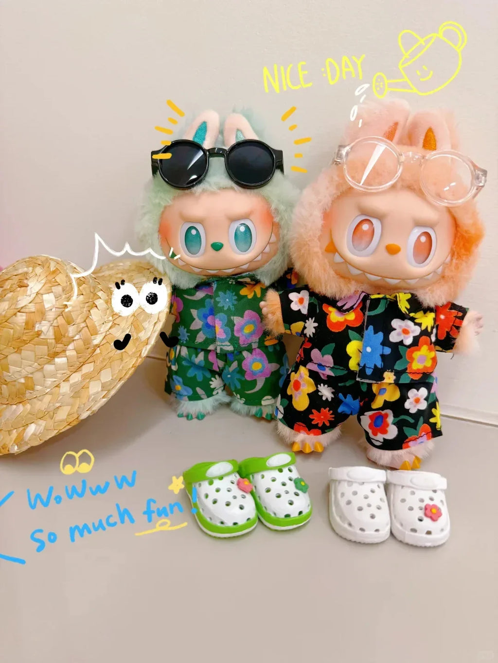 Labubu Clothing Labubu Beach Shirt With Hole slippers and Straw hat Labubu Summer Outfit