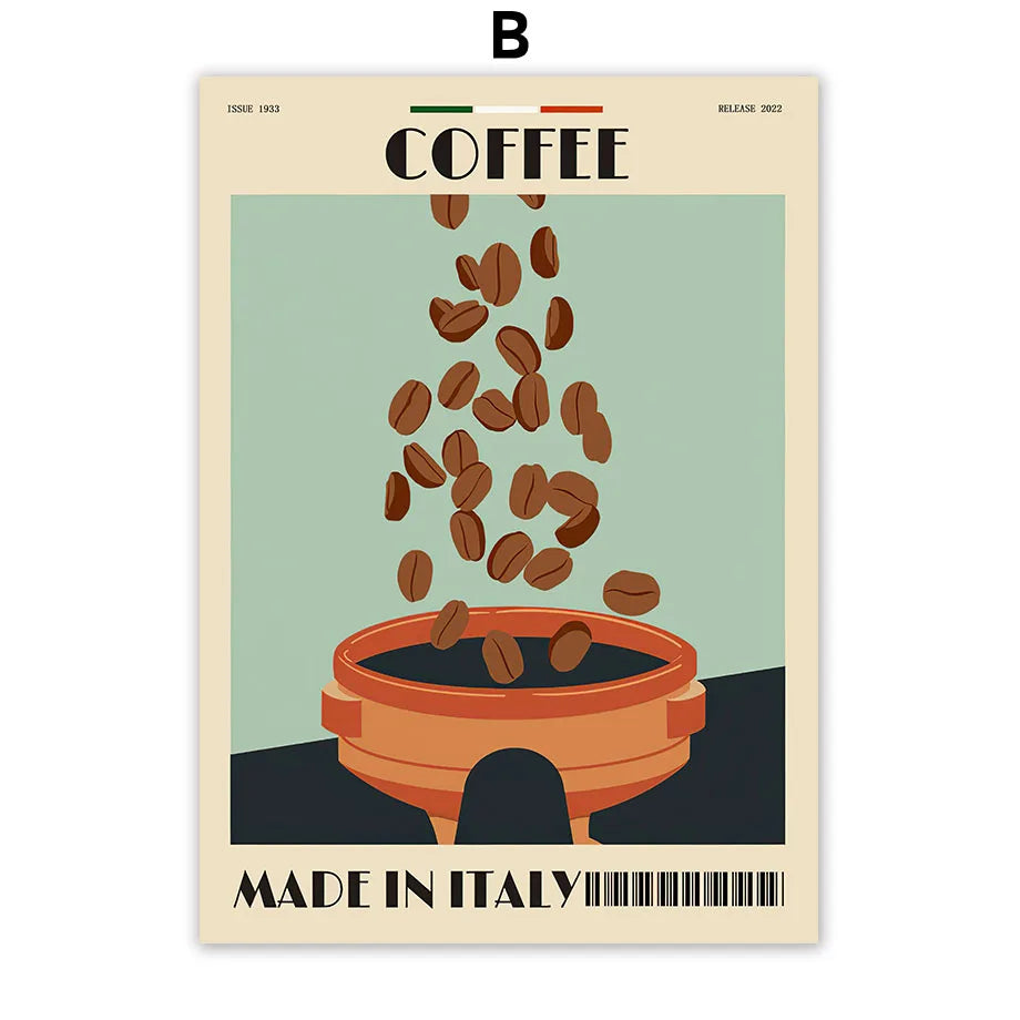 Italian Espresso Coffee Pot Beans Wall Art Wall Art Canvas Painting Poster Suitable for Decoration in Living Rooms Bedrooms