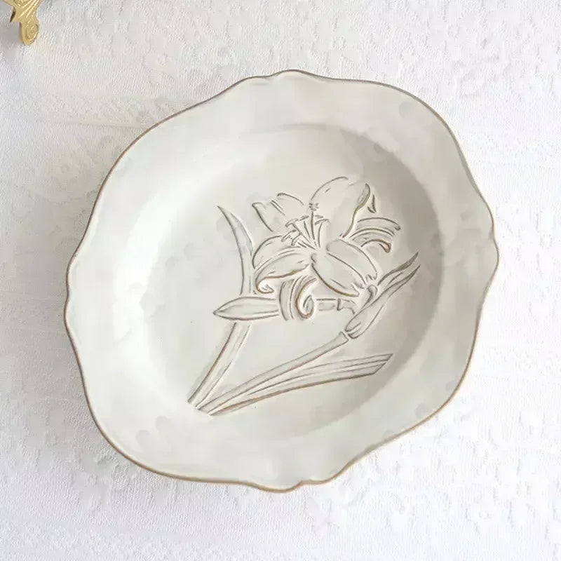 Ceramic Plates Vintage Style Dinner Plate Tulip Relief Ceramic Plates Steak Pasta Dishes Tableware Household Use Tableware Home
