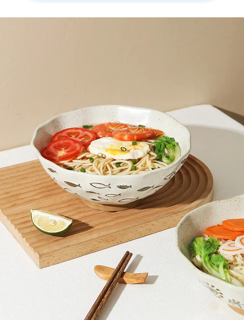coarse pottery bowl, retro ceramic tableware, underglaze colored noodle bowl, lace soup bowl, household hat  commercial ramen