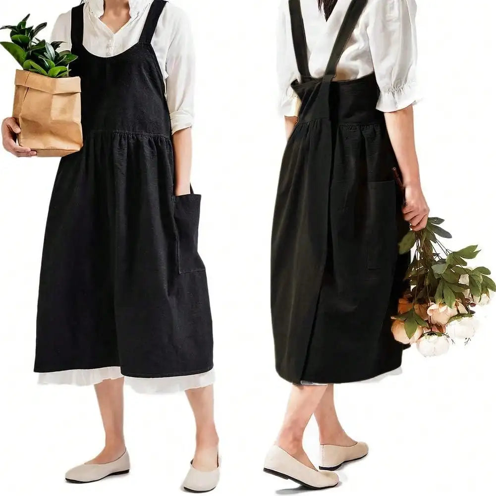 Japanese cotton Aprons for Women with Pockets Cross Back Cute Apron Dress for Gardening Painting Baking and Cooking