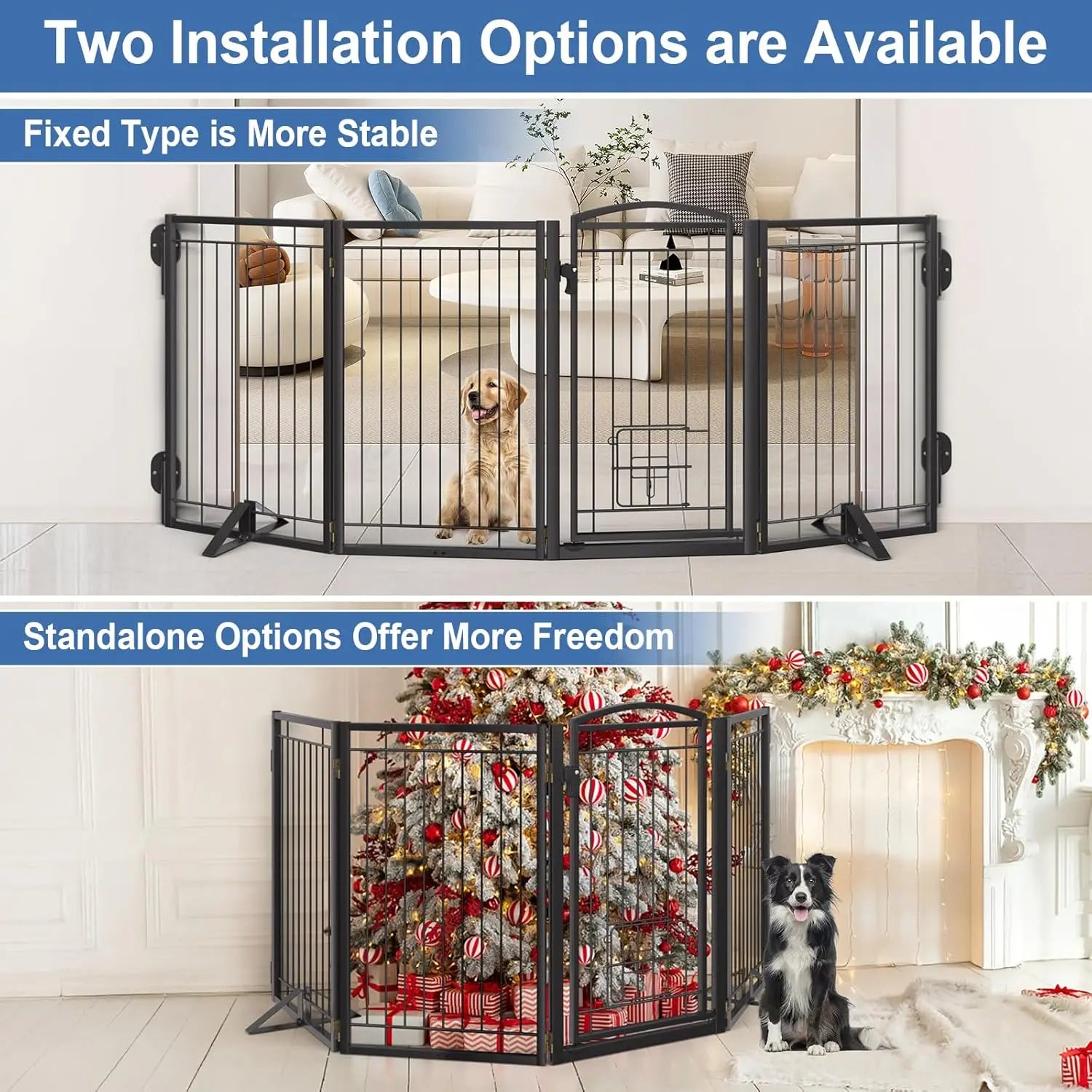 32" Tall Foldable Dog Gate with Cat Door, 80" Wide Freestanding Pet Fence for Indoor Outdoor Use, Stairs Deck Yard