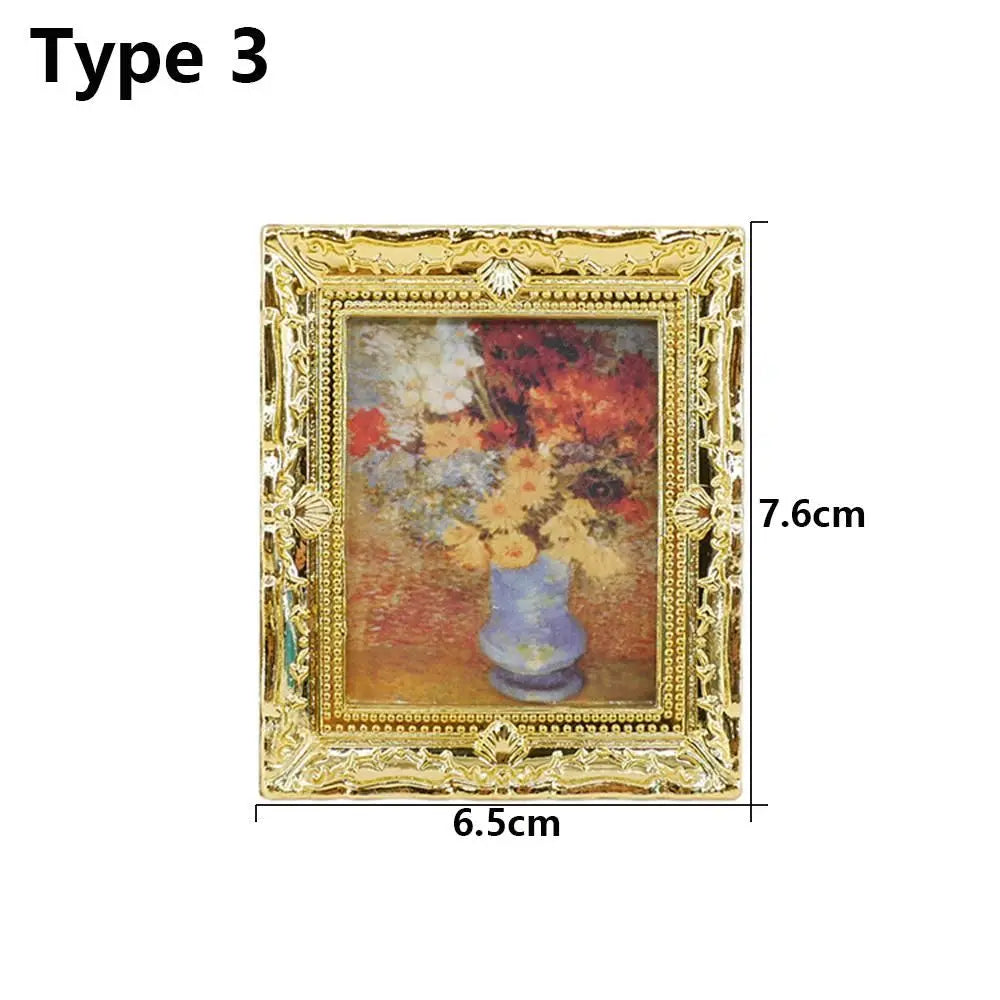 Vintage 1:12 Miniature Framed Photos Oil Painting Toys Doll Accessories Dollhouse Ornament Mural Wall Picture Miniaturas Casa