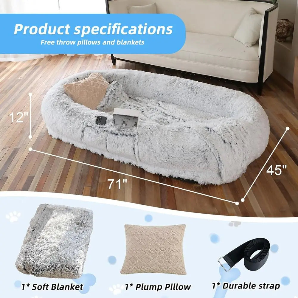 Human Dog Bed - 71"x45"x12" its You & Pets, Washable aux ur, Orthopedic, Plump Pillow, Blanket, Strap - Grey