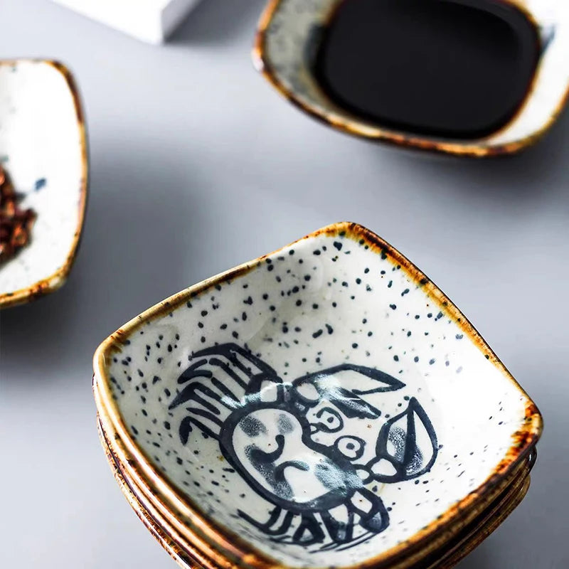 Vintage Ceramic Small Plate Japanese Creative Cartoon Seafood Sauce Dish Seasoning Plate Home Kitchen Tableware Wholesale