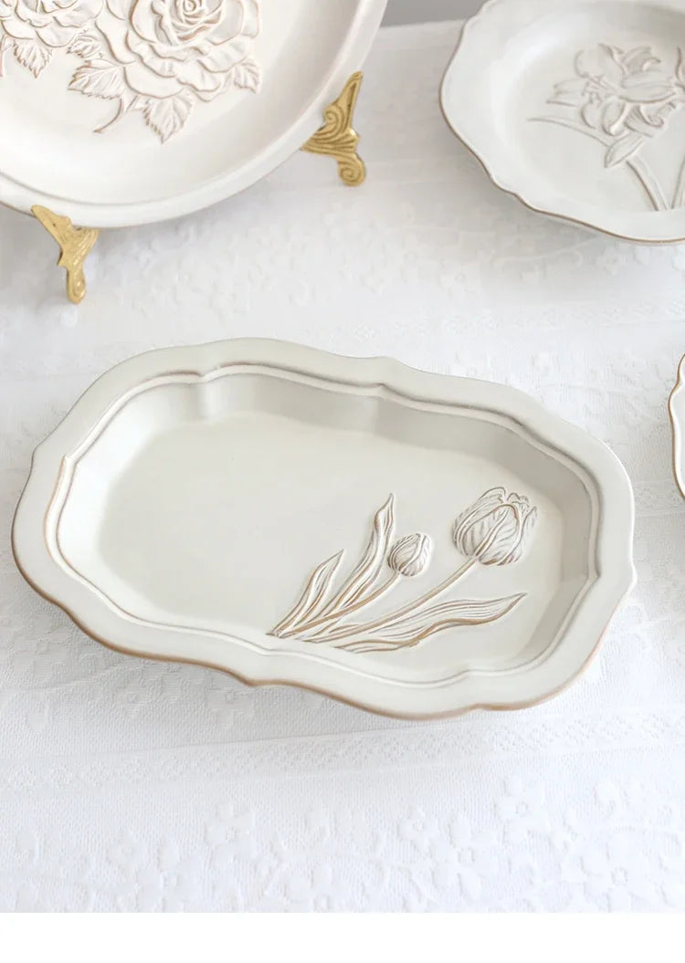 Ceramic Plates Vintage Style Dinner Plate Tulip Relief Ceramic Plates Steak Pasta Dishes Tableware Household Use Tableware Home