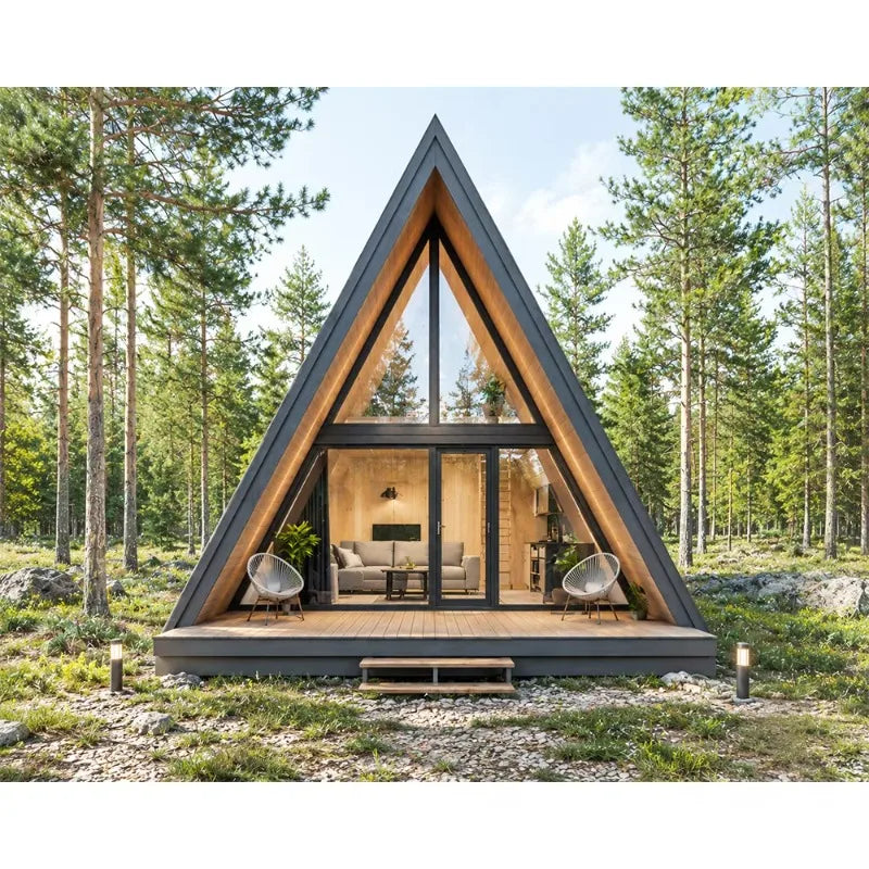 2-Story A-Frame Modern Movable Wood Cabin Prefab Triangle Tiny House for Forest B&B & Glamping Resort Customized