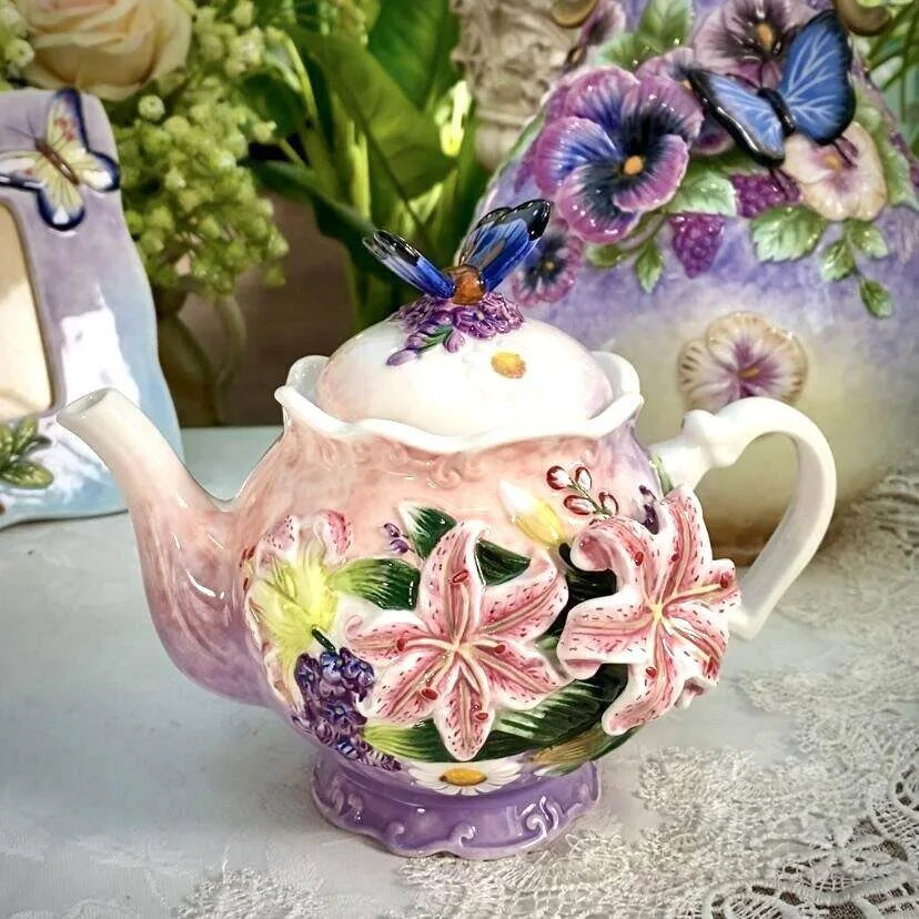 European Style Ceramic Coffee Pot, Hand-painted Butterfly Orchid Teapot, Tea Cup Set, Exquisite Creative Gift, Cafe Accessories
