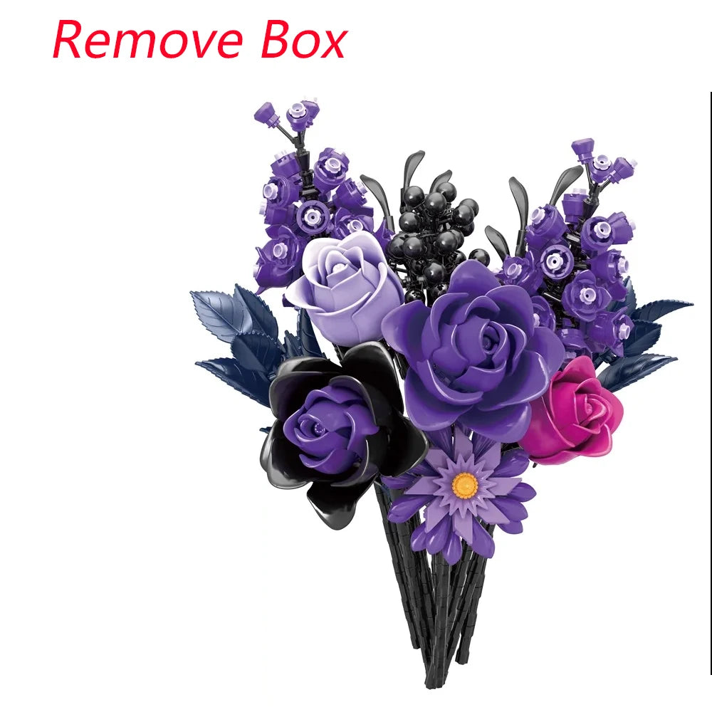 822PCS MOC Gothic Purple Rose Flowers Building Blocks Artificial Botanical Decor Toys Valentines Girlfriend Birthday Bricks Gift