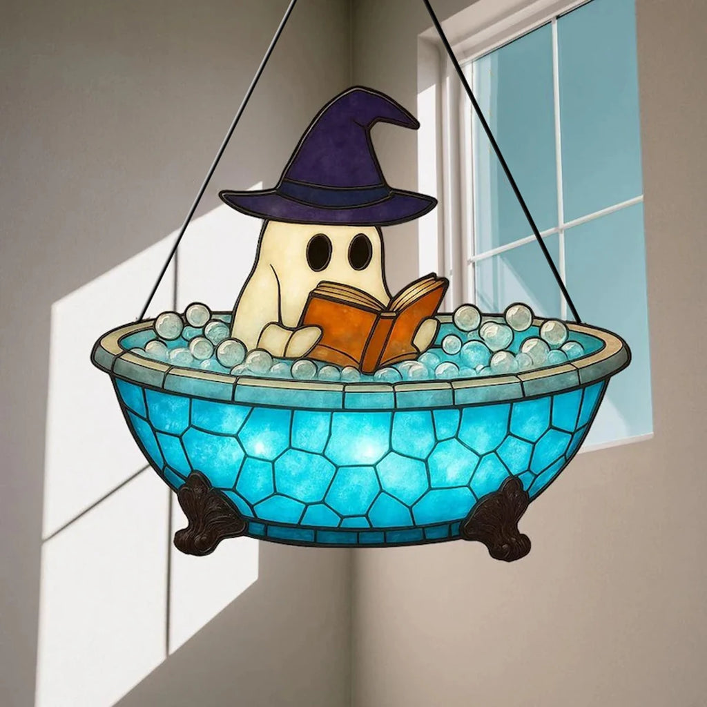 Acrylic Halloween Ghost Window Hanging Blue Bathtub & Witch Hat Design Cute Ghost in Reading Book Pendant Spooky Wall Decor Gift