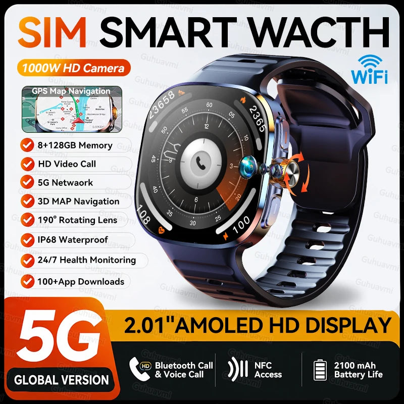 5G/4G Globally Universal SIM Smart Watch AMOLED Screen 190 ° Rotating Camera Video Call GPS 8+128GB Memory Smart Watch
