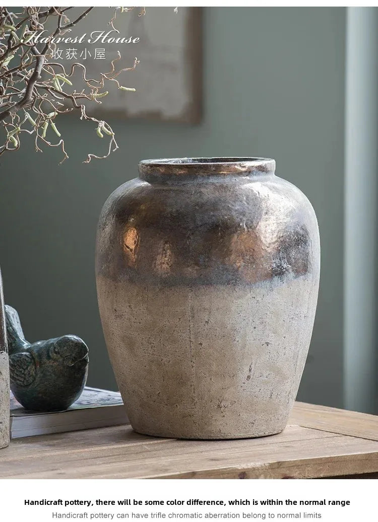Vintage Distressed Coarse Pottery Vase Handmade Flower Arrangement Ornament for Living Room Bedroom - Unique Flower Vessel