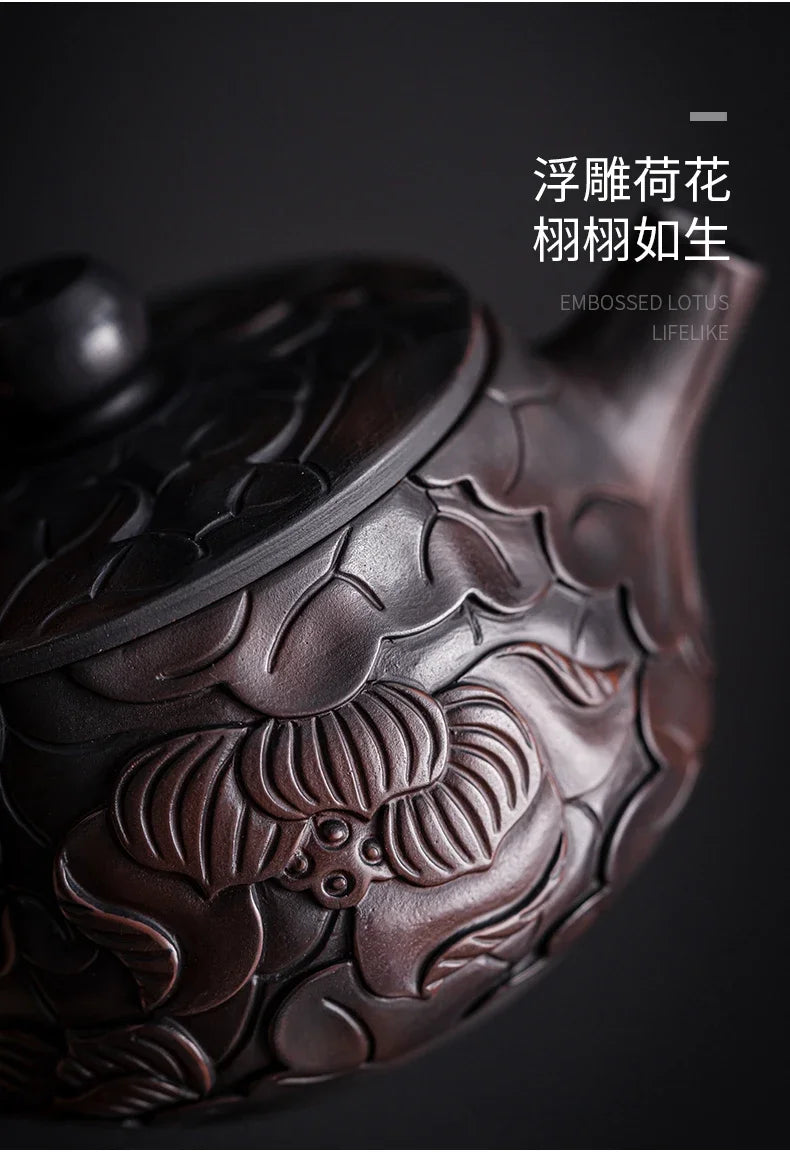 Suitable for collectionPurple Pottery Teapot Handmade Pile Carving Xianglong Pot Kung Fu Tea Set Purple Clay Pot Handmade