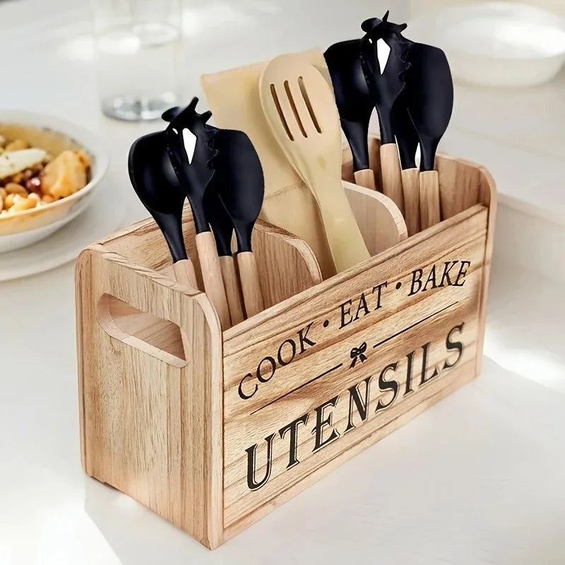 Kitchen Utensil Rack with Three Compartments Rustic Wooden Storage Box Vintage Tableware Farmhouse Dish Cabinet Forks Spoo