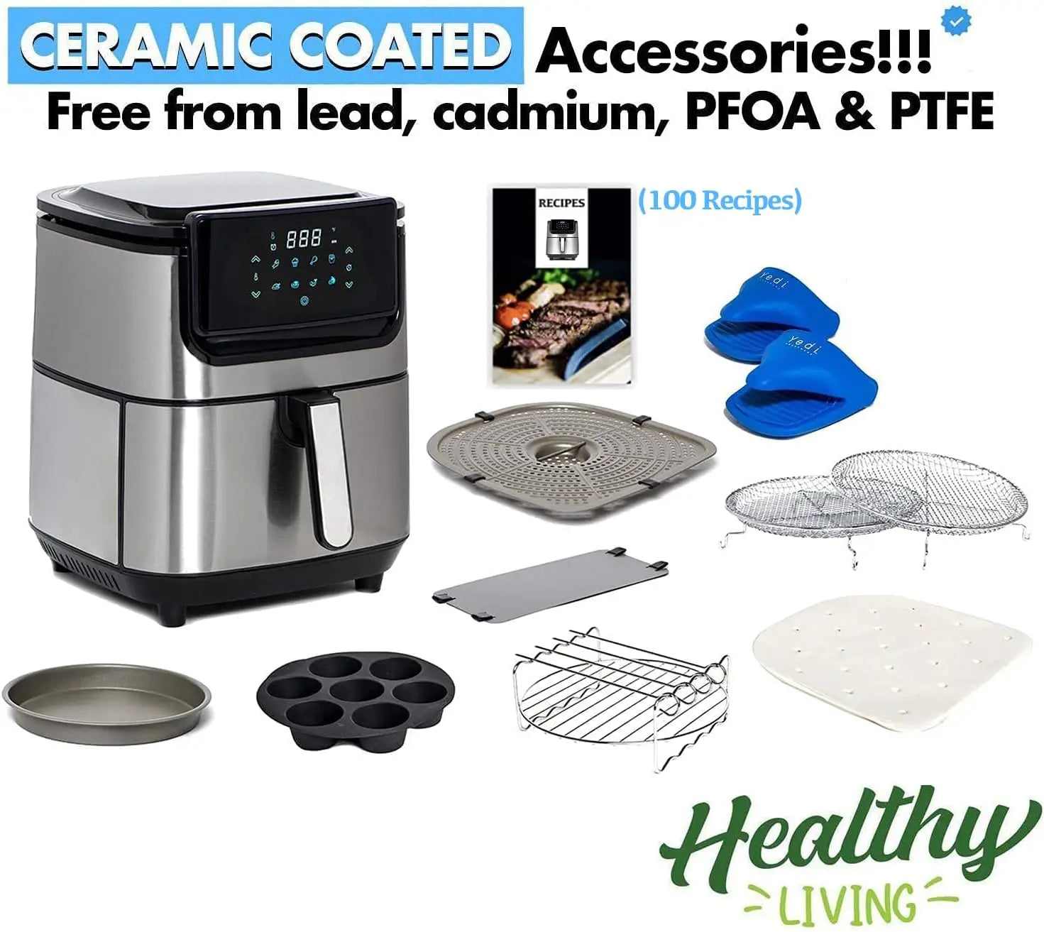 6.8 Quart Air Fryer with Ceramic Basket, Stainless-Steel Finish, Dehydration Function, and Accessory Kit