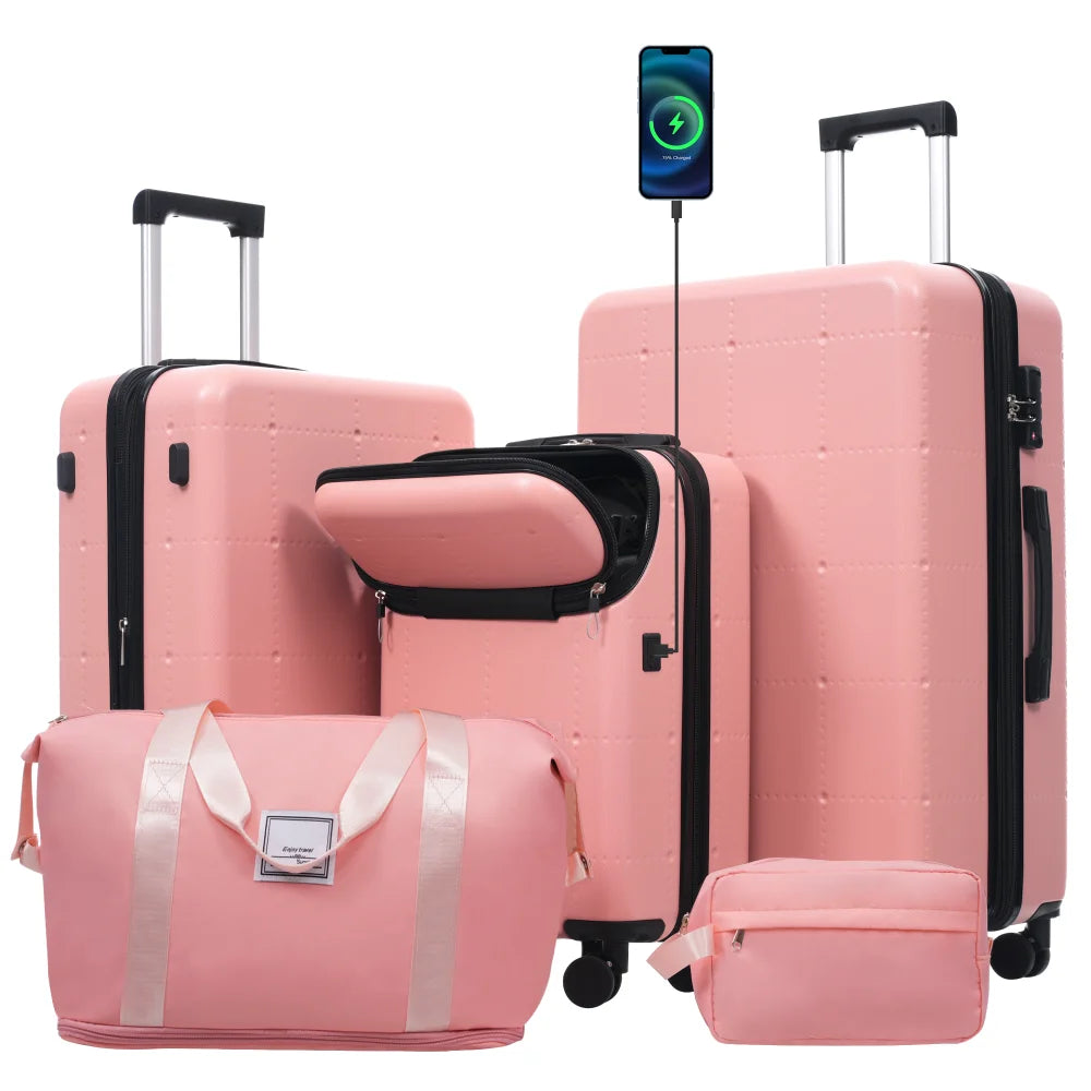 Hardside 5PCS Luggage Set with Bags 20" Half-opening Carry on With USB Port Expandable 24" 28" Double Spinner Wheels TSA Lock