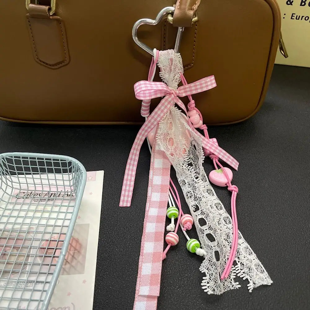 Bag Decoration Strawberry Bag Charms Girl Heart Trinket Riband Strawberry Keychain Anti-Lost Jewelry Girl Sweet Key Chain